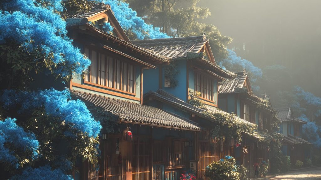 Japanese River Village of Blue Flowers AI Artwork 15