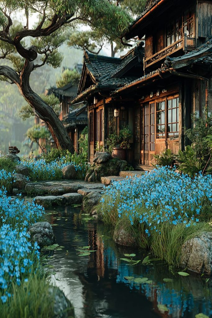 Japanese River Village of Blue Flowers AI Artwork 2