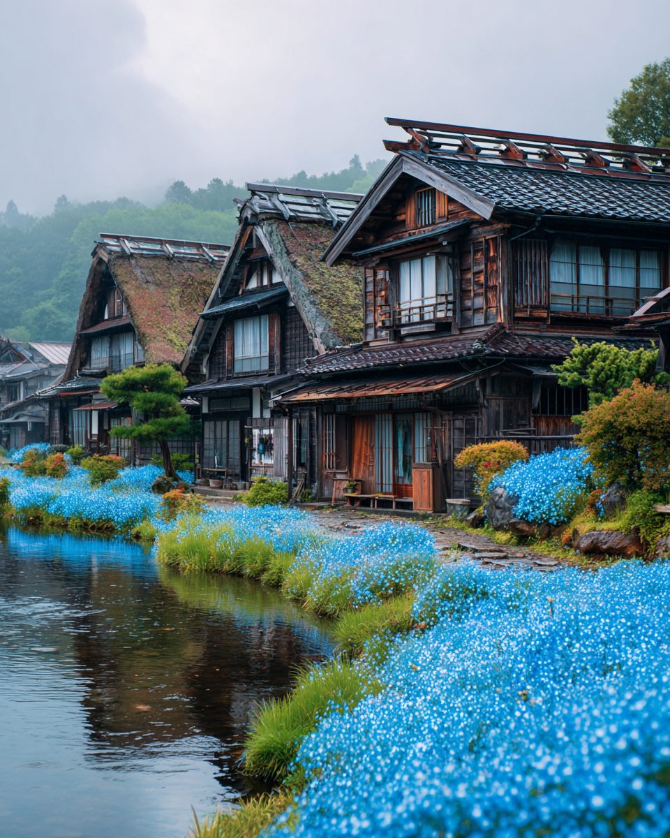 Japanese Rivers Small Japanese River Village of Blue Flowers