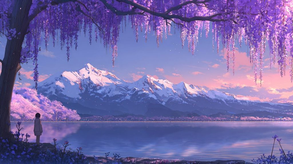 Landscapes of Mountains and Wisteria Flowers - Anime Vibes AI Artwork 11