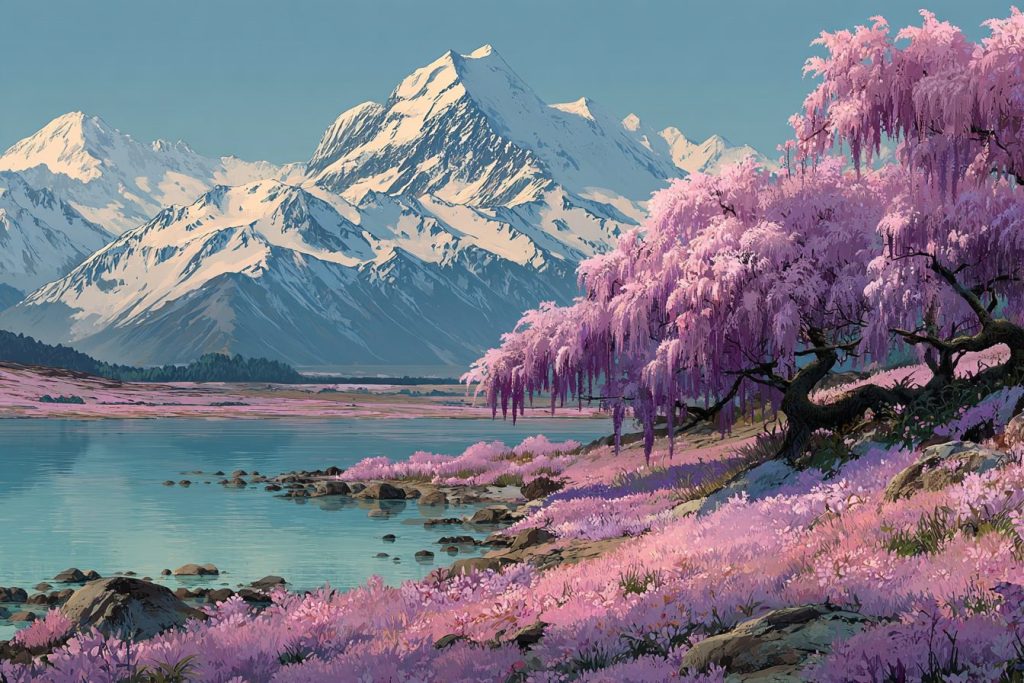 Landscapes of Mountains and Wisteria Flowers - Anime Vibes AI Artwork 9