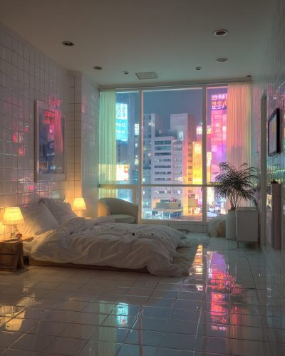 Minimalist Tiled Apartment Bedrooms with City Views AI Artwork