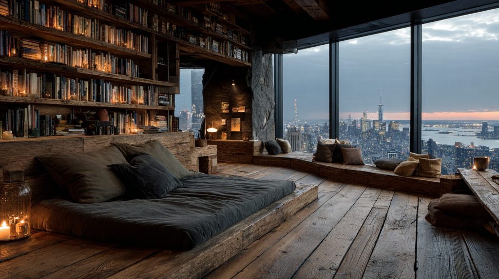 Rustic Modern Home Library with a Cityscape View AI Artwork 13