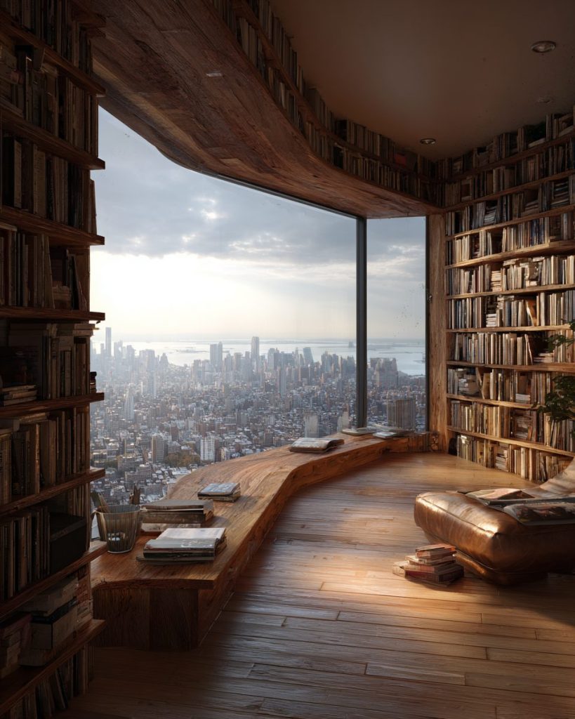 Rustic Modern Home Library with a Cityscape View AI Artwork 5