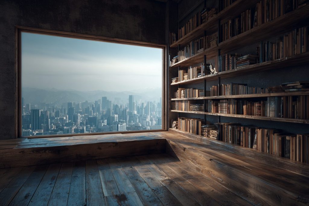 Rustic Modern Home Library with a Cityscape View AI Artwork 8