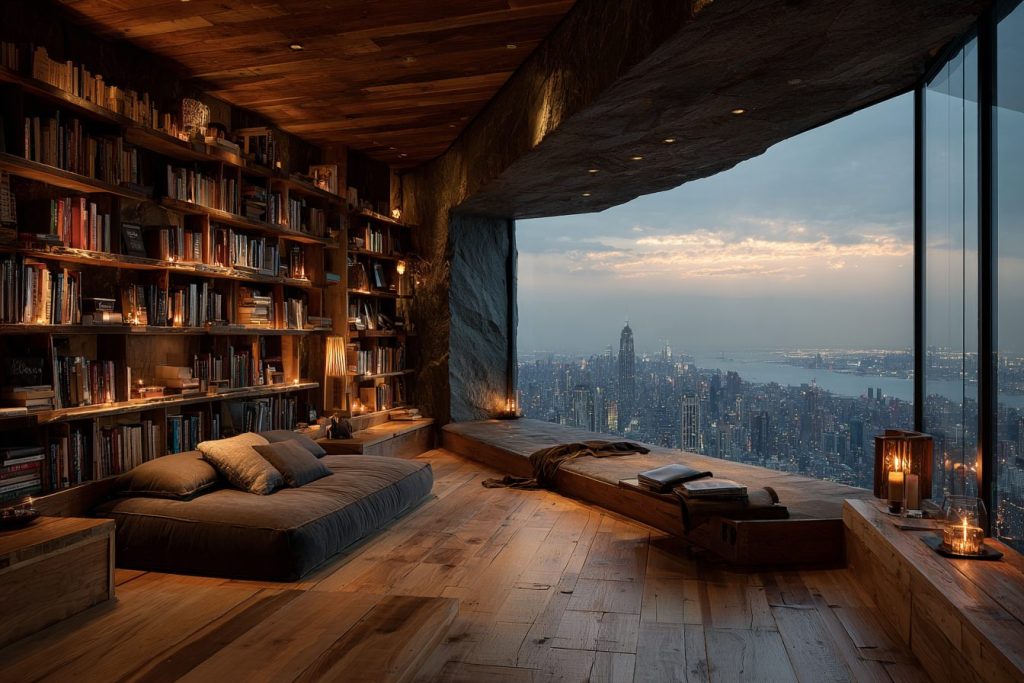 Rustic Modern Home Library with a Cityscape View AI Artwork 9