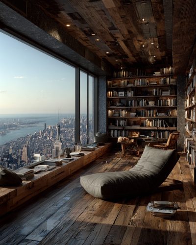 Rustic Modern Home Library with a Cityscape View AI Artwork
