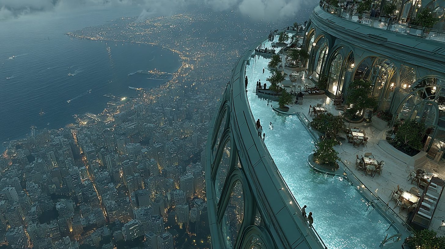 Skyscraper Rooftop with a Seafront View