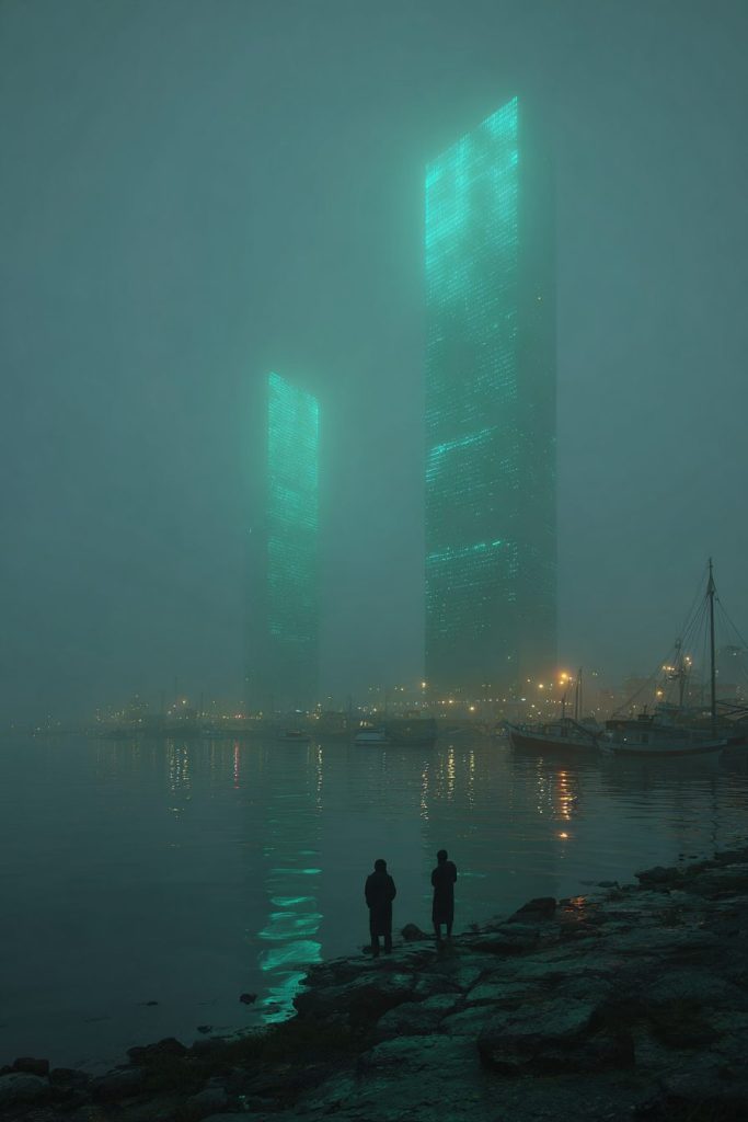 Futuristic Green Neon Skyscrapers AI Artwork 7