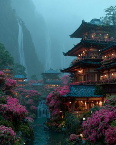 Japanese Temples surrounded by Majestic Nature AI Artwork