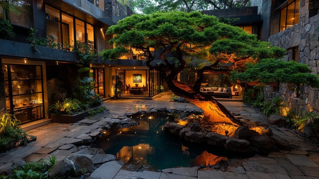 Modern Courtyard Garden with a Large Bonsai Tree AI Artwork 13