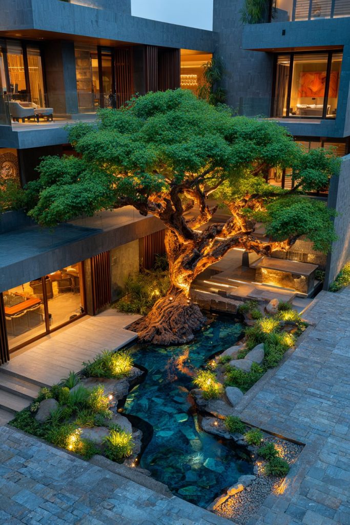 Modern Courtyard Garden with a Large Bonsai Tree AI Artwork 2