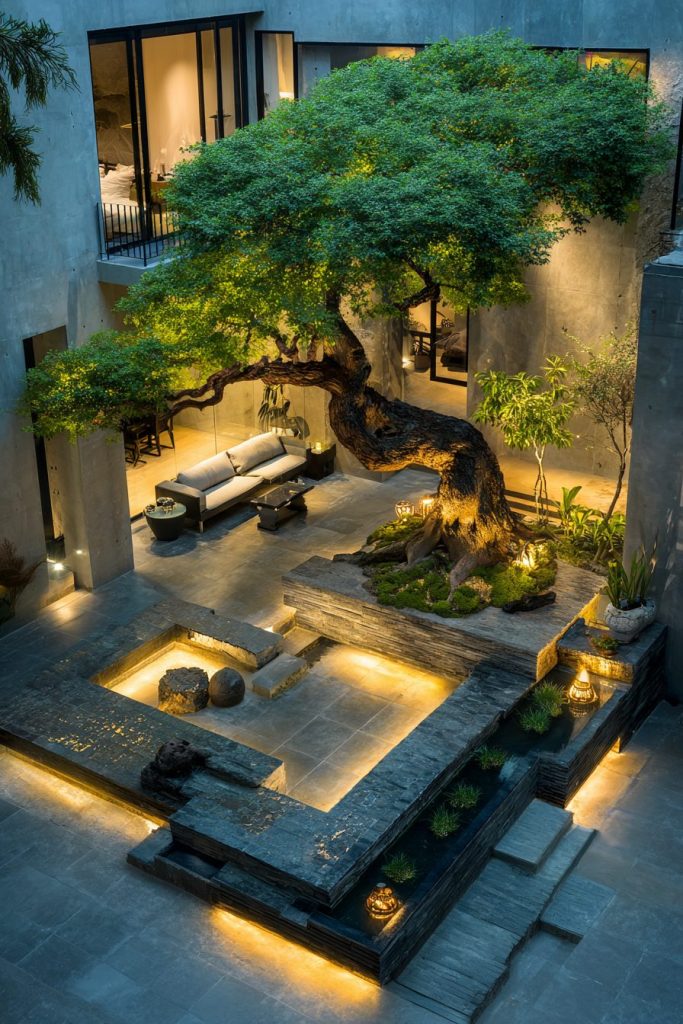 Modern Courtyard Garden with a Large Bonsai Tree AI Artwork 3