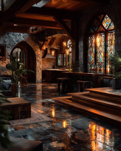 Rustic Modern Home Interiors with Stained Glass Designs AI Artwork