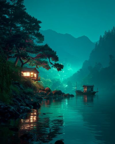 Small Japanese-Style River Houses AI Artwork