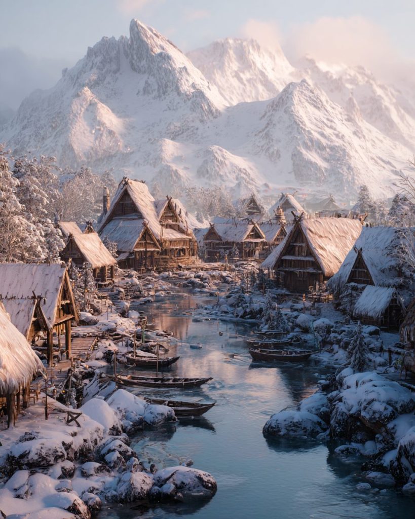 Snow-Covered Icy Traditional Village AI Artwork 3