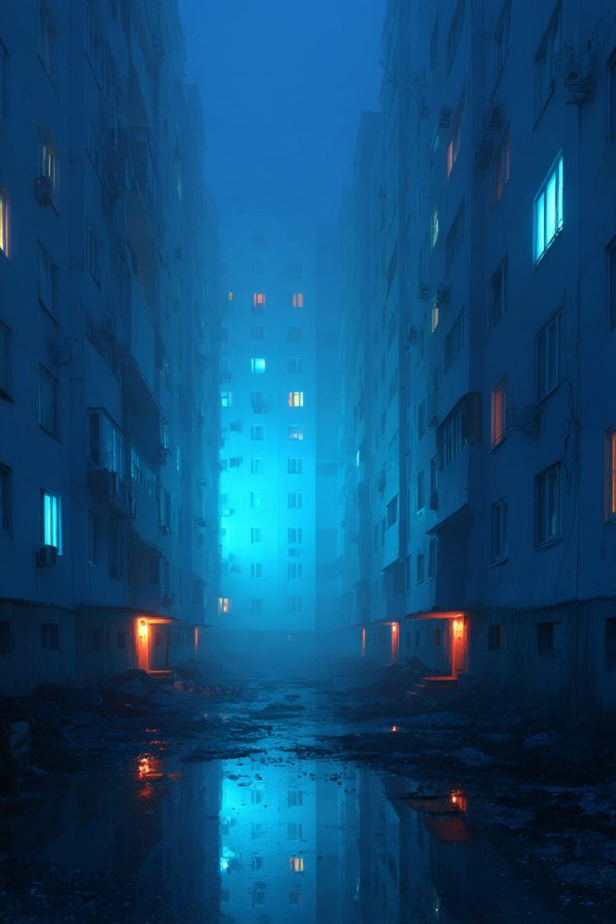 Apartment Buildings with Blue Neon Ambiance AI Artwork 2
