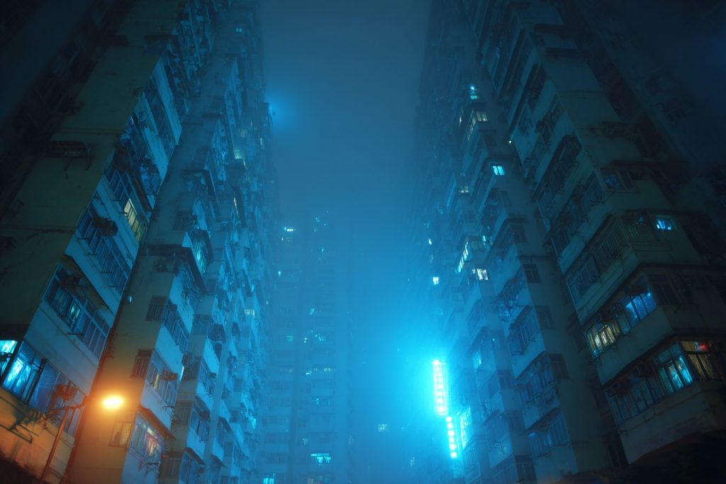 Apartment Buildings with Blue Neon Ambiance AI Artwork 3