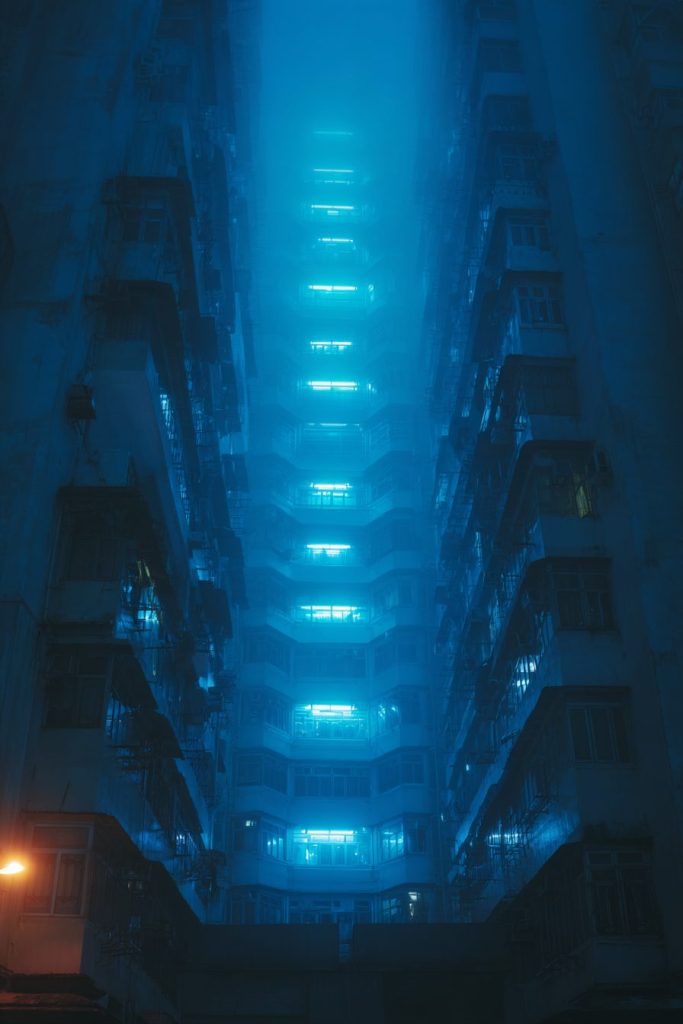 Apartment Buildings with Blue Neon Ambiance AI Artwork 4