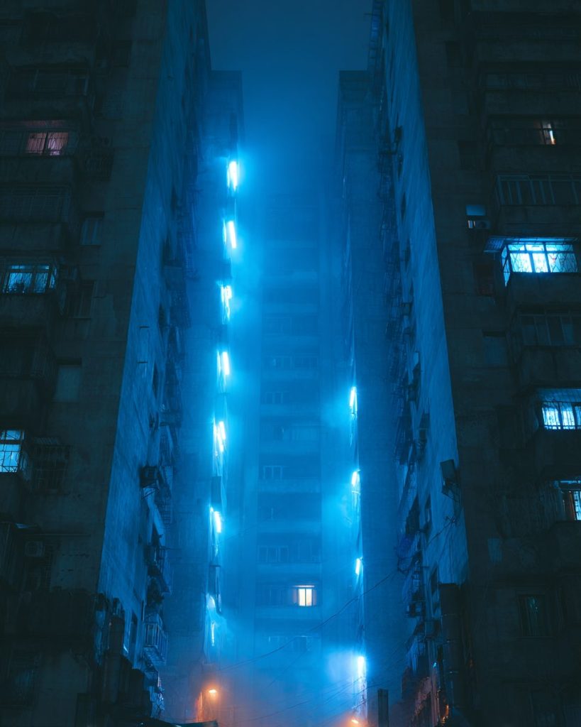 Apartment Buildings with Blue Neon Ambiance AI Artwork 5