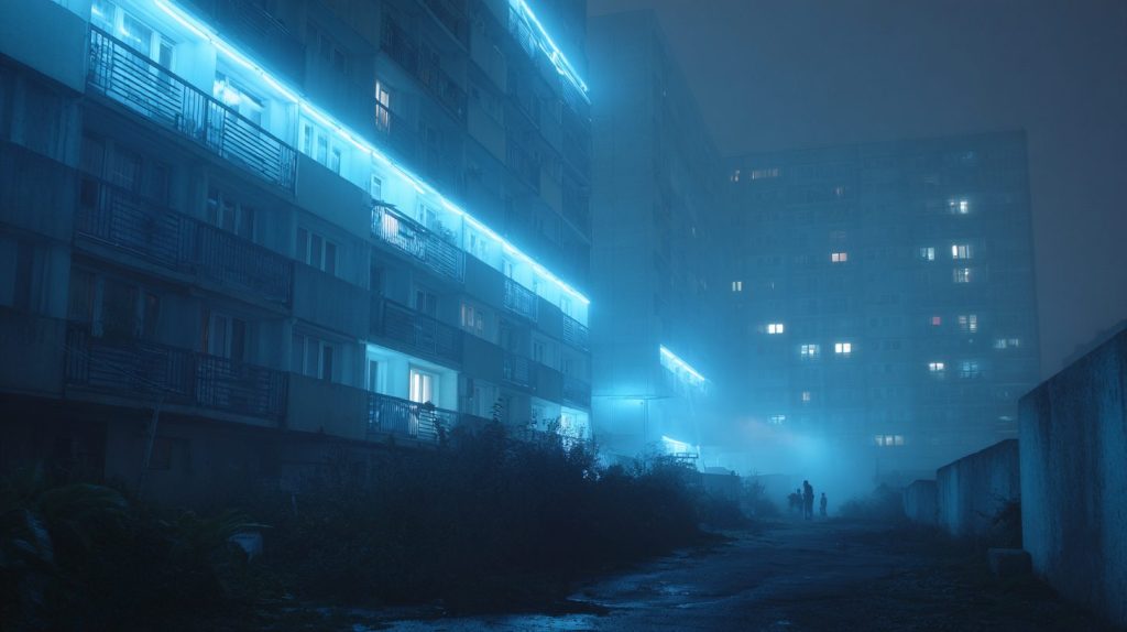 Apartment Buildings with Blue Neon Ambiance AI Artwork 6