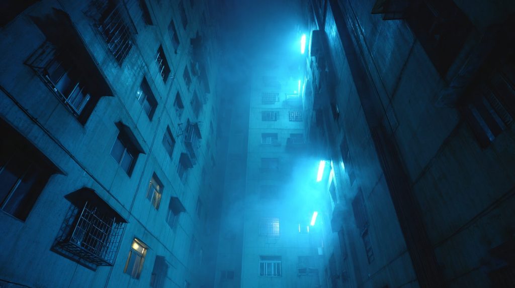 Apartment Buildings with Blue Neon Ambiance AI Artwork 7