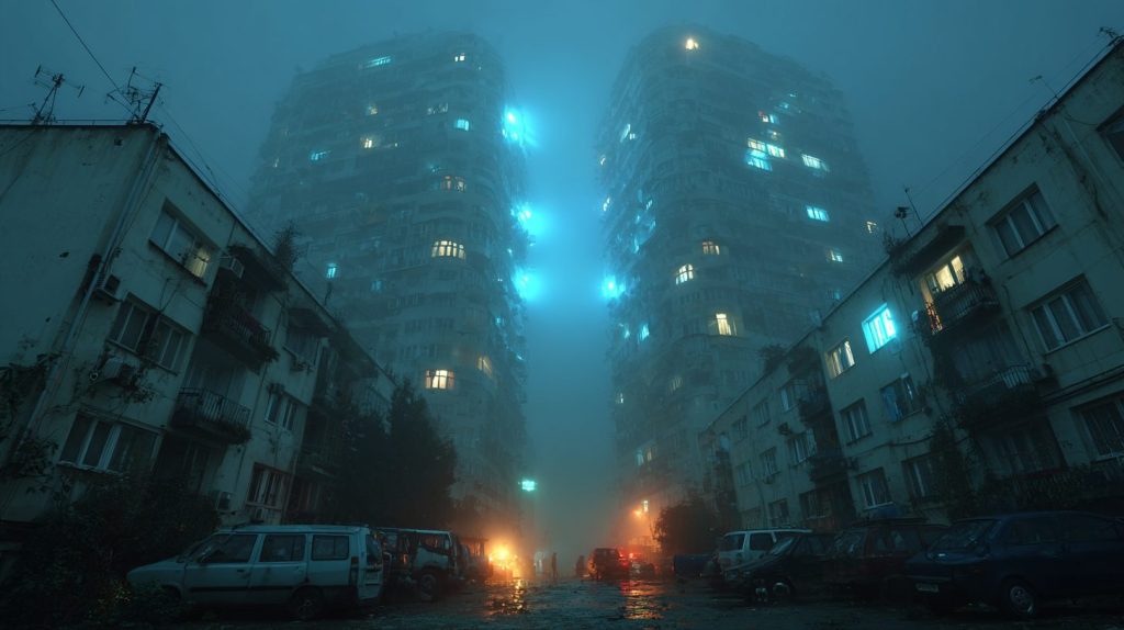 Apartment Buildings with Blue Neon Ambiance AI Artwork 8