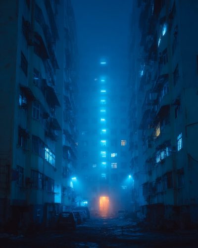 Apartment Buildings with Blue Neon Ambiance AI Artwork