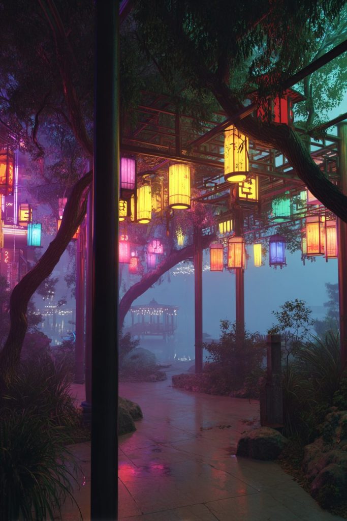 Colorful Neon Lanterns - Cyberpunk Vibes AI Artwork 2
