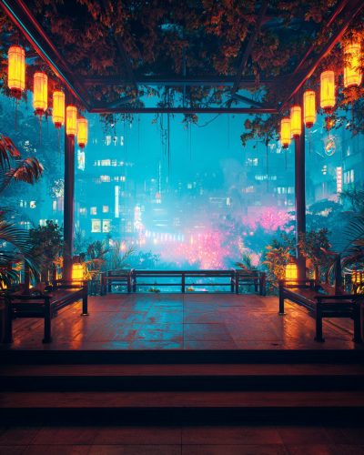 Colorful Neon Lanterns - Cyberpunk Vibes AI Artwork