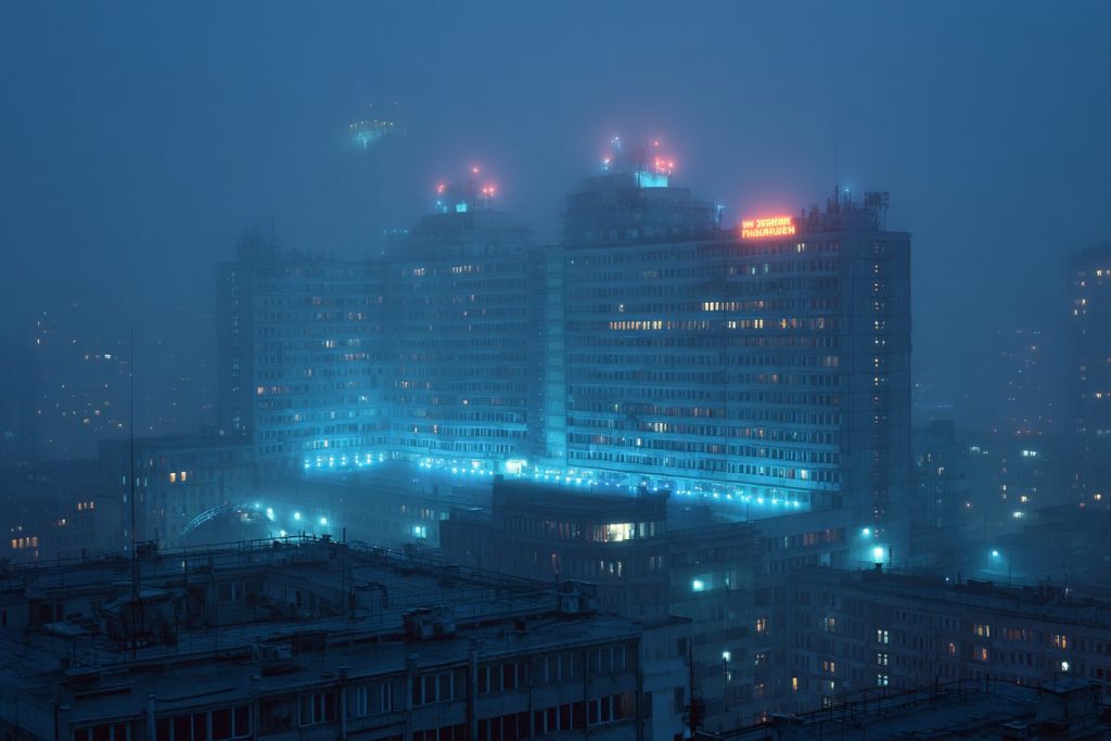 Dystopian Buildings with Blue Neon Lights AI Artwork 10