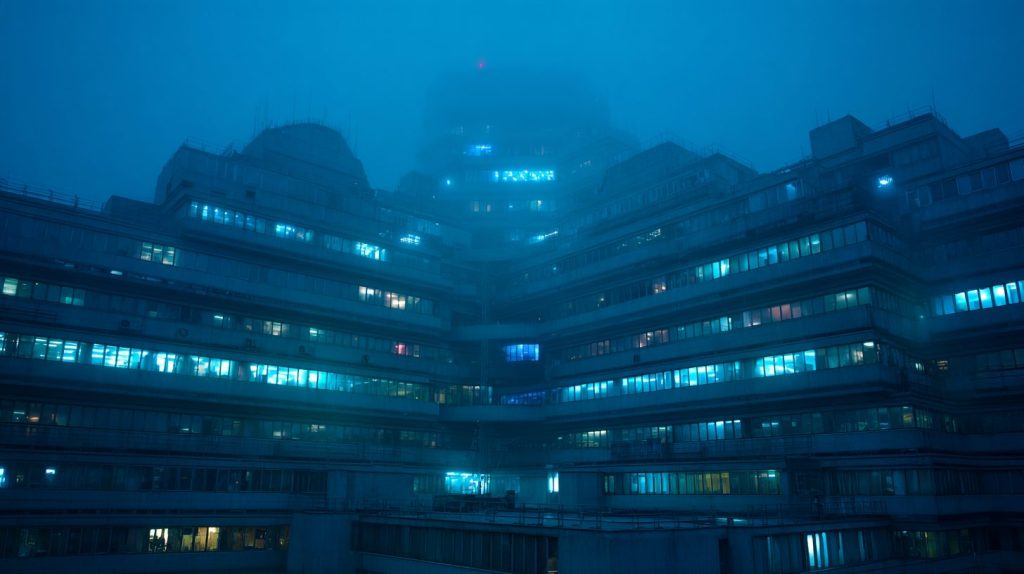 Dystopian Buildings with Blue Neon Lights AI Artwork 12