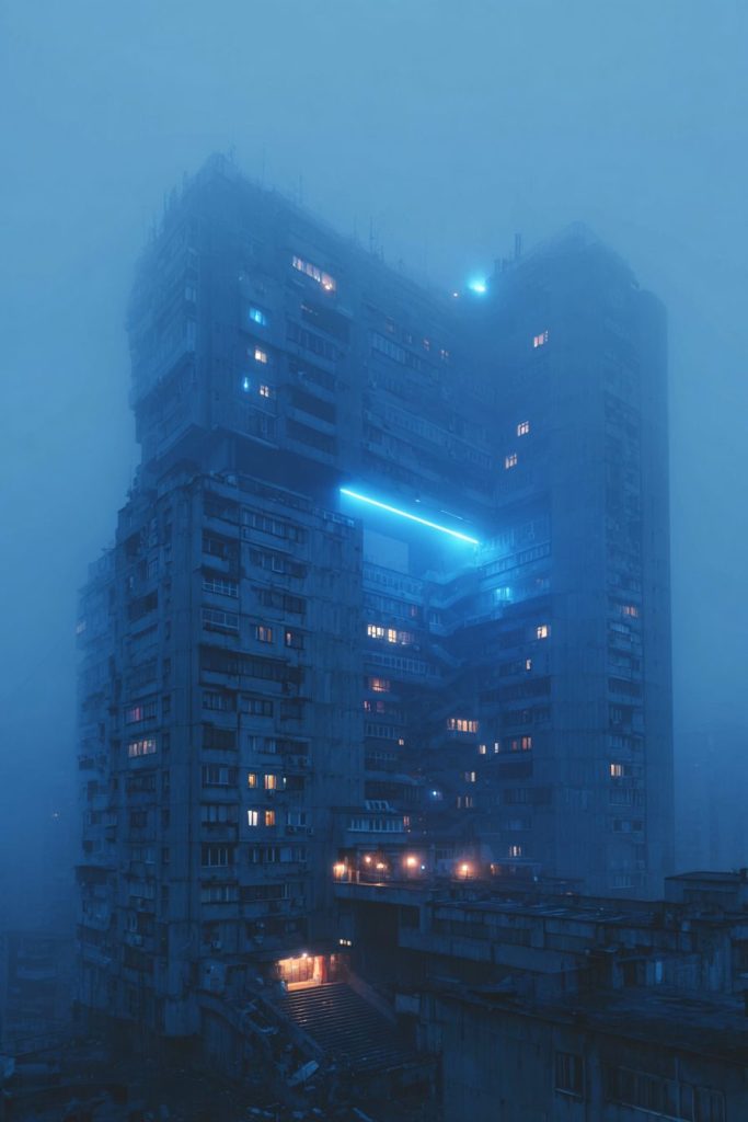 Dystopian Buildings with Blue Neon Lights AI Artwork 2