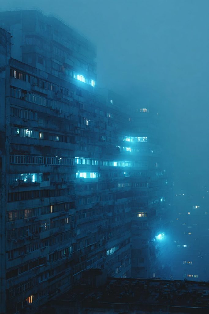 Dystopian Buildings with Blue Neon Lights AI Artwork 3