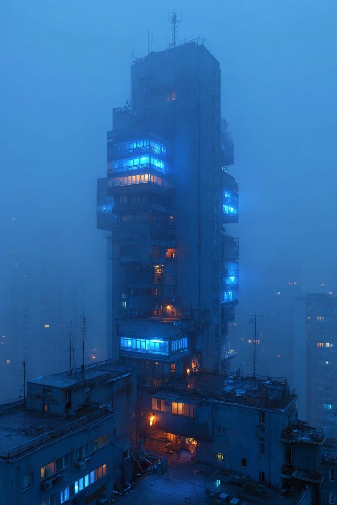 Dystopian Buildings with Blue Neon Lights AI Artwork 4
