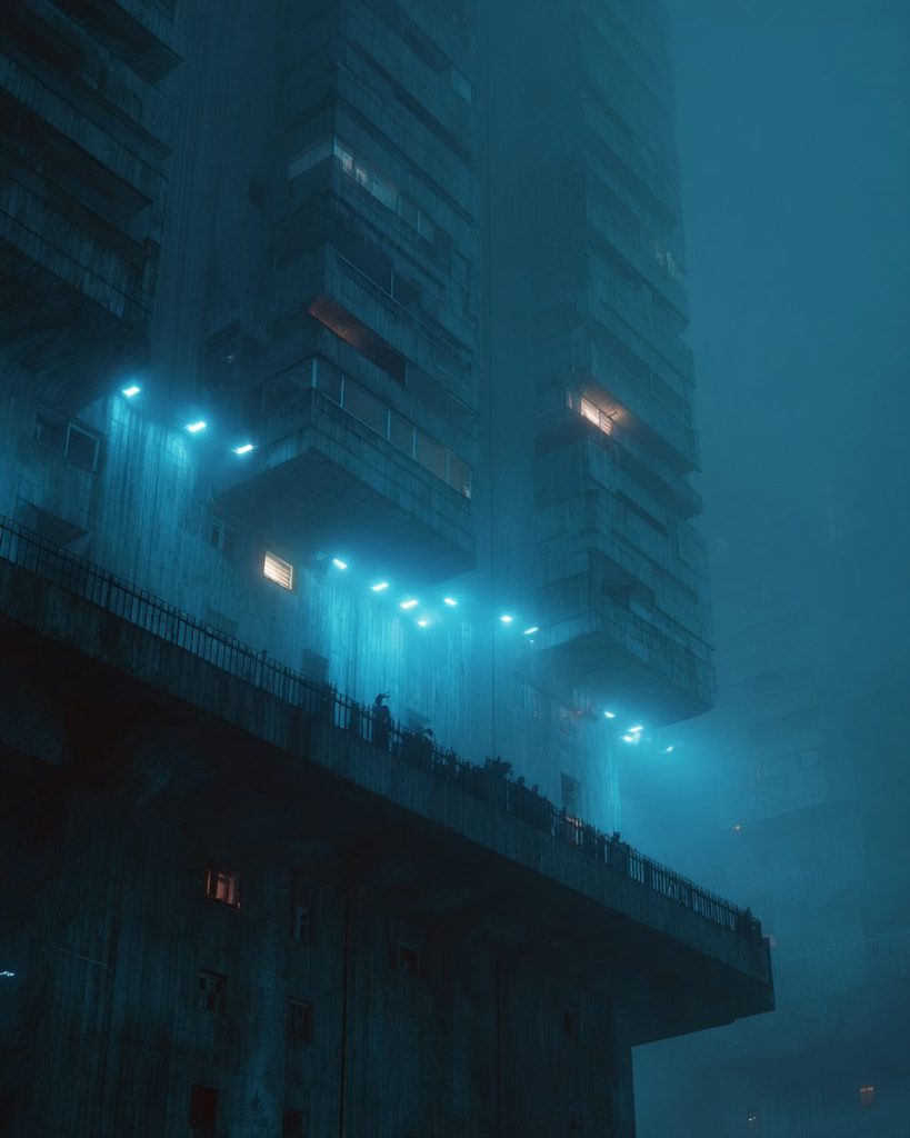 Dystopian Buildings with Blue Neon Lights AI Artwork 5