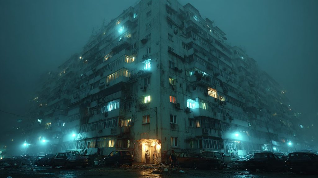Dystopian Buildings with Blue Neon Lights AI Artwork 6