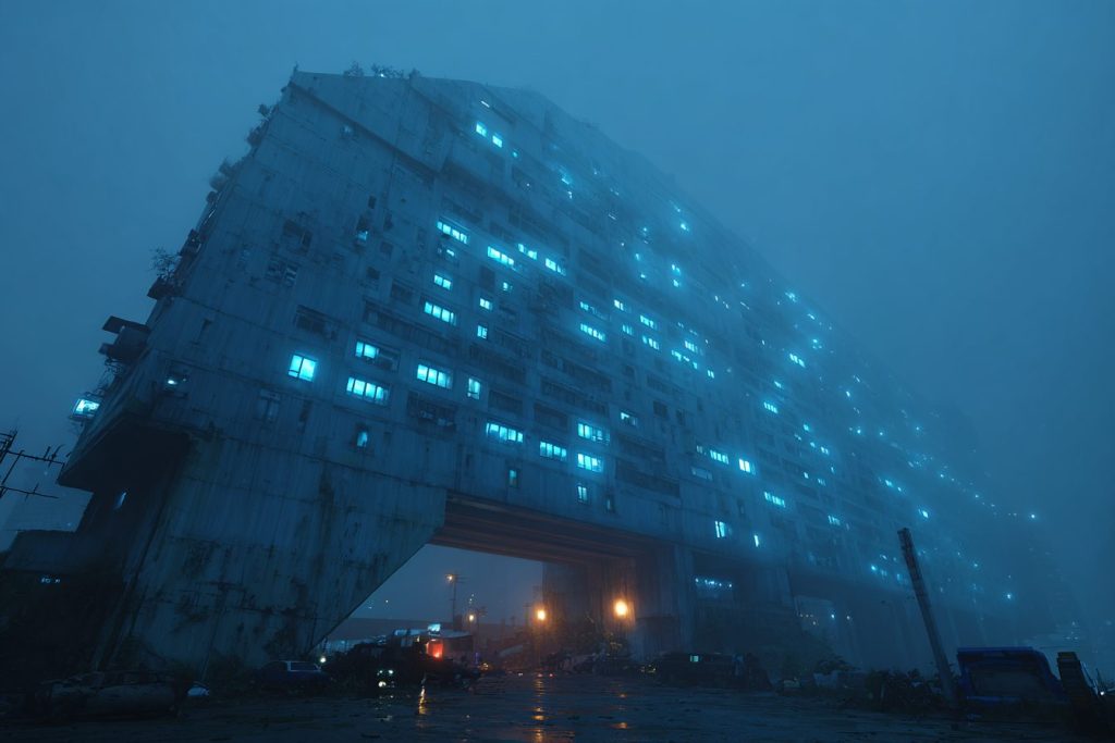 Dystopian Buildings with Blue Neon Lights AI Artwork 7