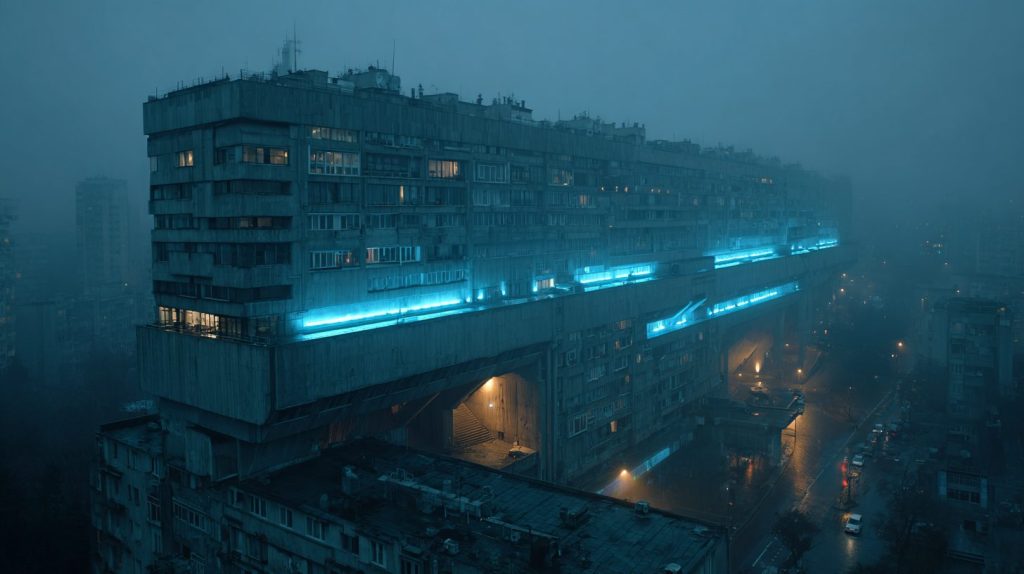 Dystopian Buildings with Blue Neon Lights AI Artwork 9