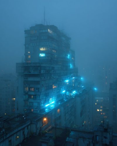Dystopian Buildings with Blue Neon Lights AI Artwork