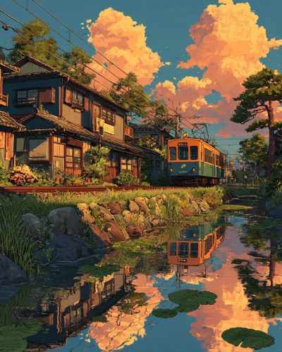 Houses by the Railways - Anime-Vibes AI Artwork