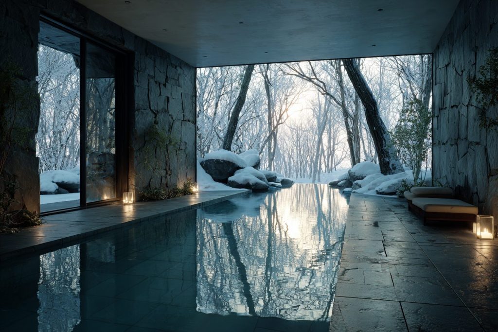 Infinity Pools with Snow-Covered Landscape Views 6