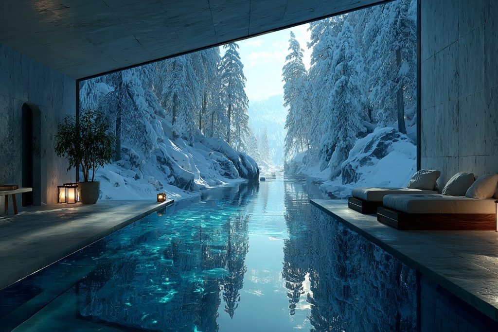 Infinity Pools with Snow-Covered Landscape Views 9