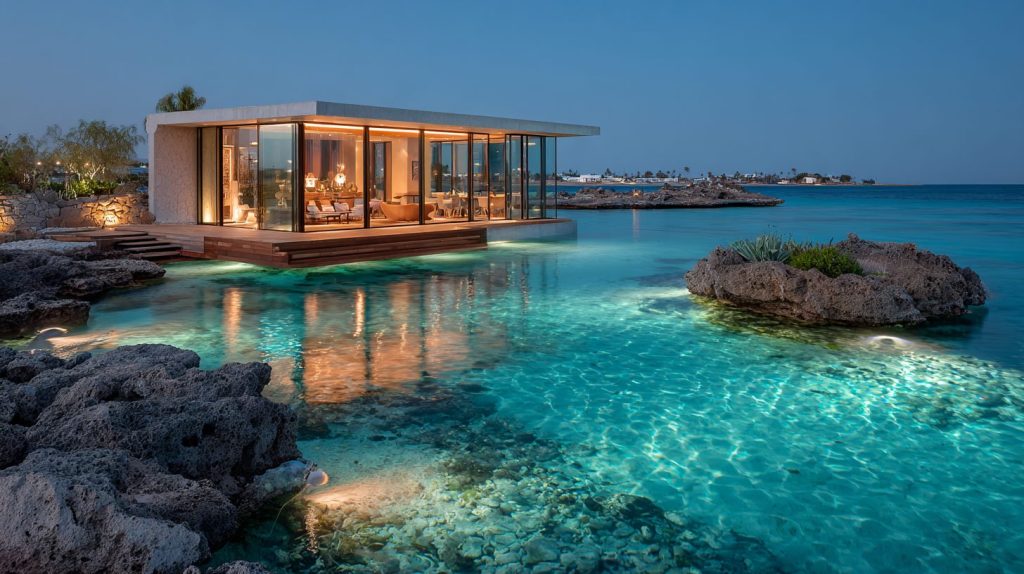 Modern Houses on the Seawater Surface AI Artwork 11