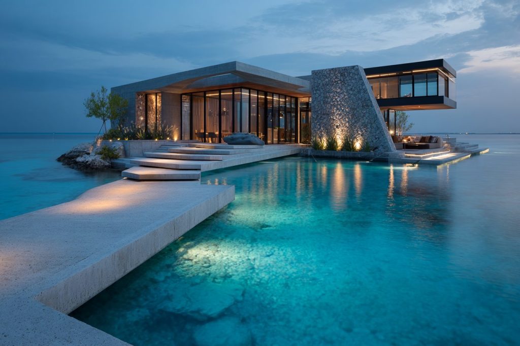 Modern Houses on the Seawater Surface AI Artwork 14