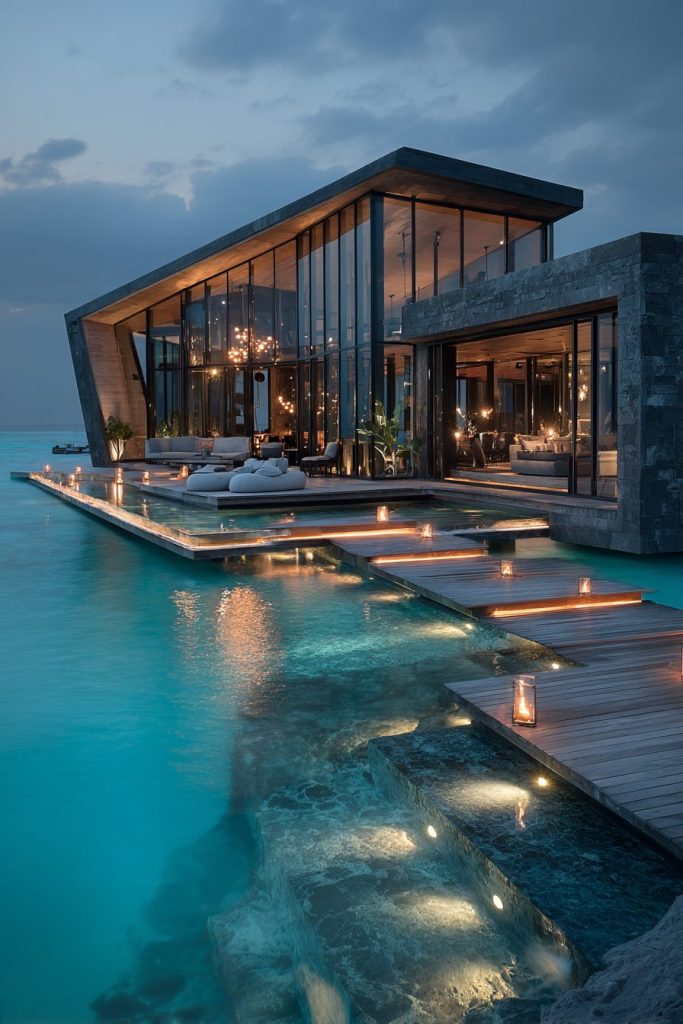 Modern Houses on the Seawater Surface AI Artwork 8