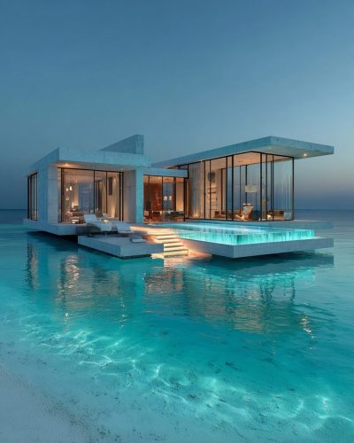 Modern Houses on the Seawater Surface AI Artwork