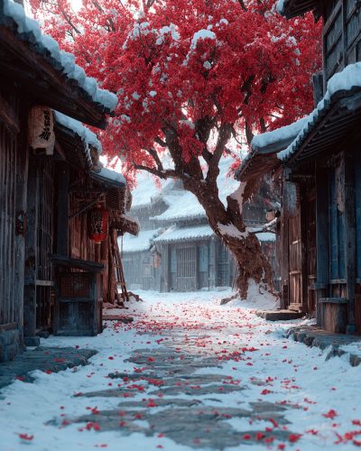 Snow-Covered Japanese Village Paths with Red Flowers AI Artwork