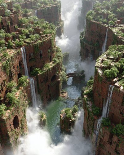 The Ancient City of Waterfalls AI Artwork