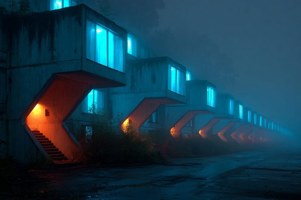 The Apartments of Blue Neon Lights AI Artwork 2